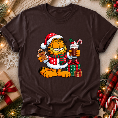 brown tshirt with a christmas themed graphic of garfield in a santa costume with presents and food