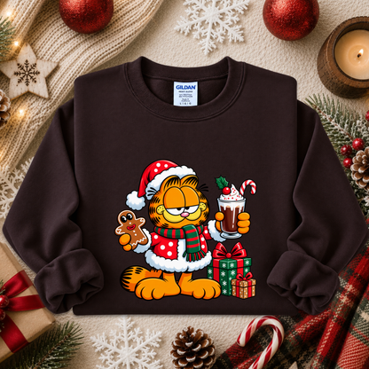 brown sweatshirt with a christmas themed graphic of garfield in a santa costume with presents and food
