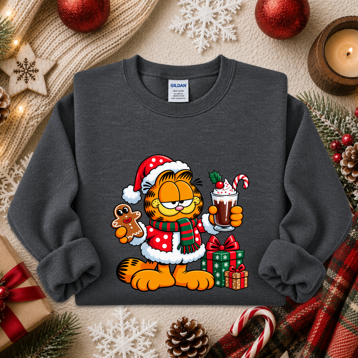 dark gray sweatshirt with a christmas themed graphic of garfield in a santa costume with presents and food
