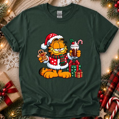 green tshirt with a christmas themed graphic of garfield in a santa costume with presents and food