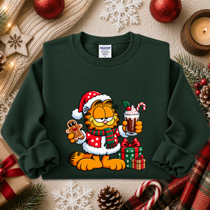 green sweatshirt with a christmas themed graphic of garfield in a santa costume with presents and food