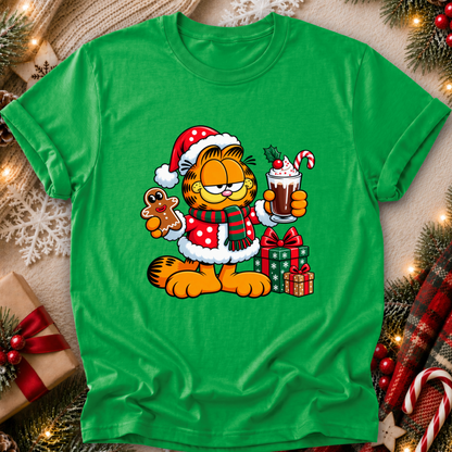 bright green tshirt with a christmas themed graphic of garfield in a santa costume with presents and food