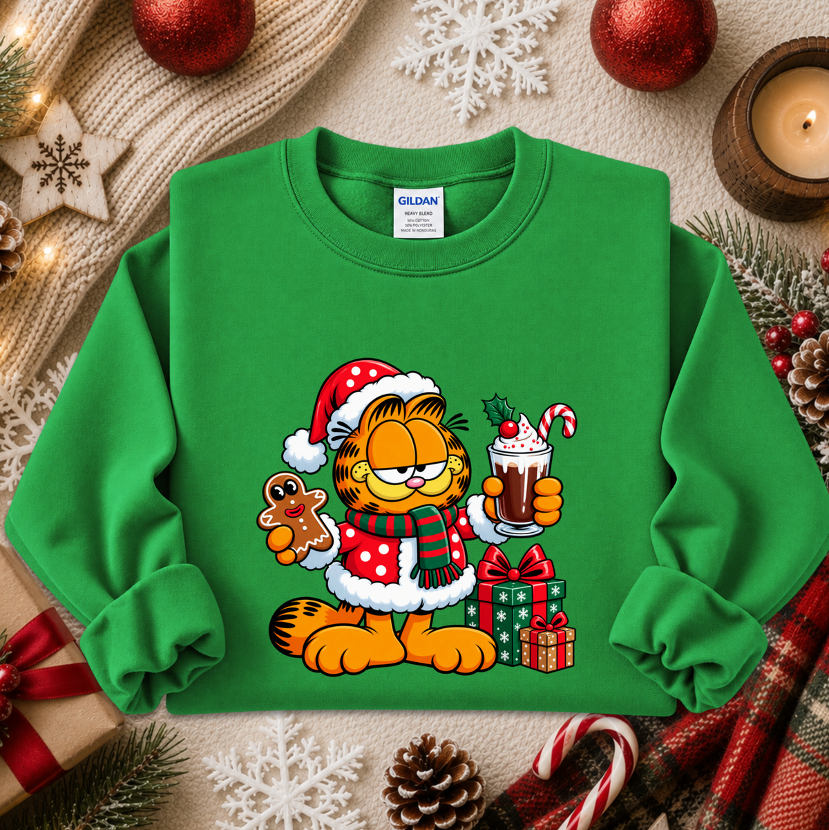 bright green sweatshirt with a christmas themed graphic of garfield in a santa costume with presents and food