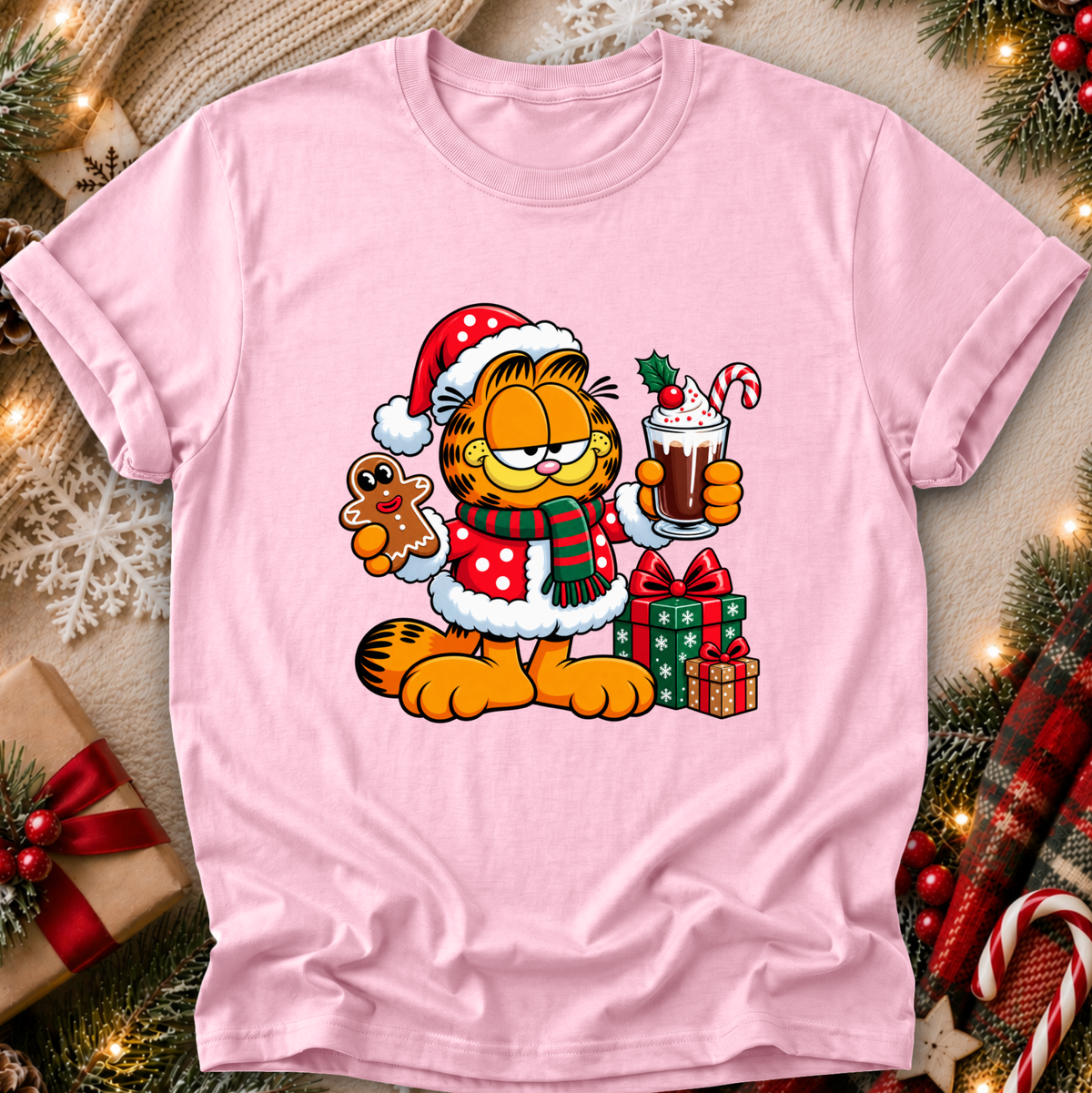light pink tshirt with a christmas themed graphic of garfield in a santa costume with presents and food