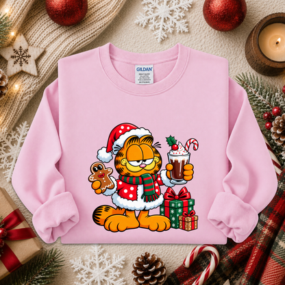 light pink sweatshirt with a christmas themed graphic of garfield in a santa costume with presents and food