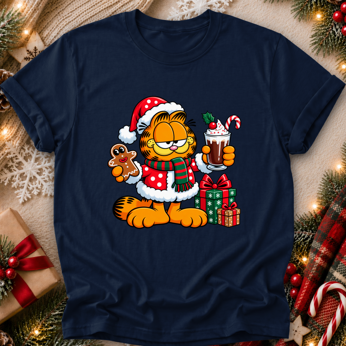 navy blue tshirt with a christmas themed graphic of garfield in a santa costume with presents and food
