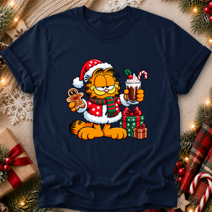 navy blue tshirt with a christmas themed graphic of garfield in a santa costume with presents and food
