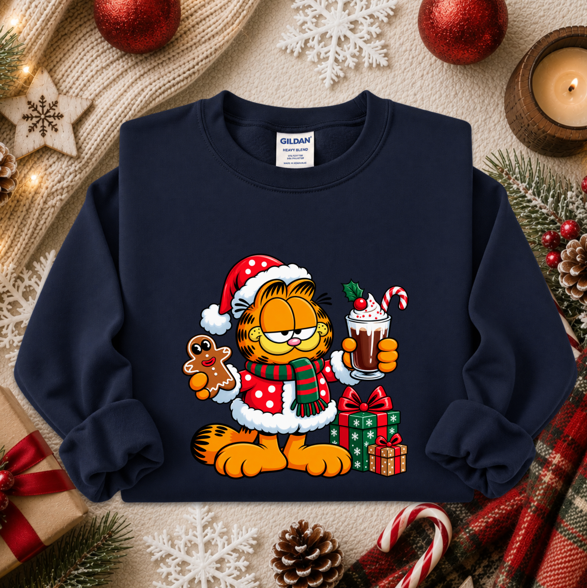 navy blue sweatshirt with a christmas themed graphic of garfield in a santa costume with presents and food