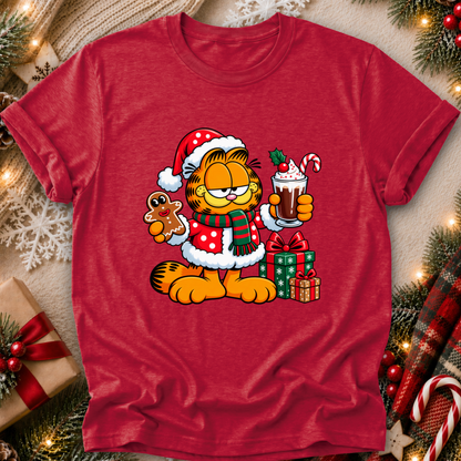red tshirt with a christmas themed graphic of garfield in a santa costume with presents and food
