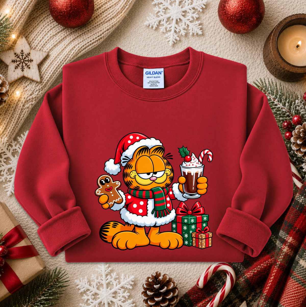 red sweatshirt with a christmas themed graphic of garfield in a santa costume with presents and food