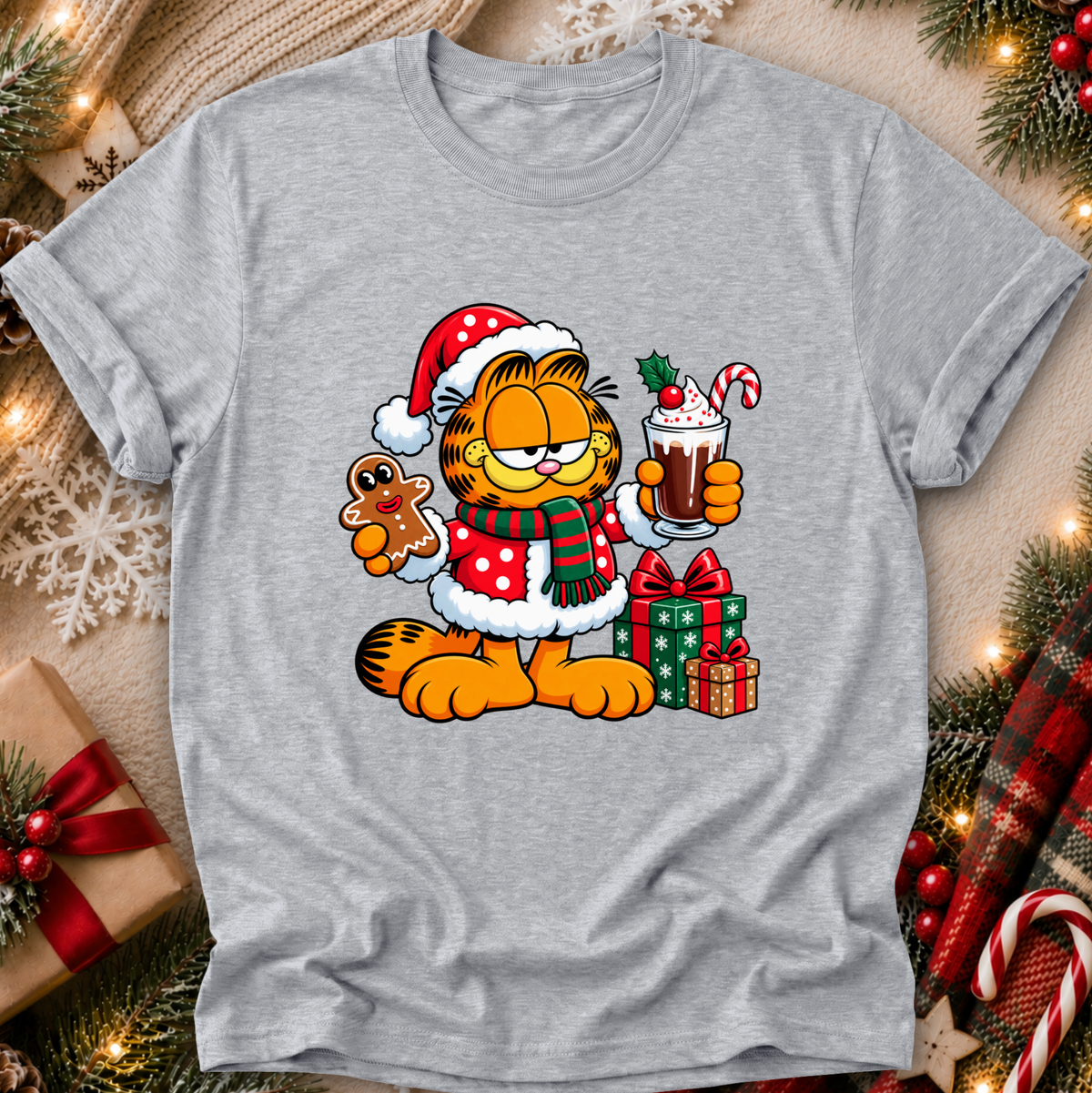 gray tshirt with a christmas themed graphic of garfield in a santa costume with presents and food