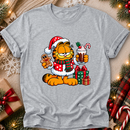 gray tshirt with a christmas themed graphic of garfield in a santa costume with presents and food