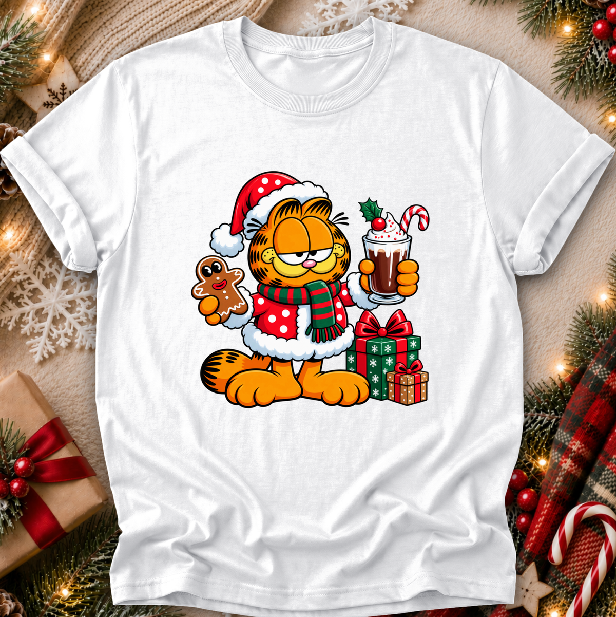 white tshirt with a christmas themed graphic of garfield in a santa costume with presents and food