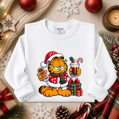 white sweatshirt with a christmas themed graphic of garfield in a santa costume with presents and food
