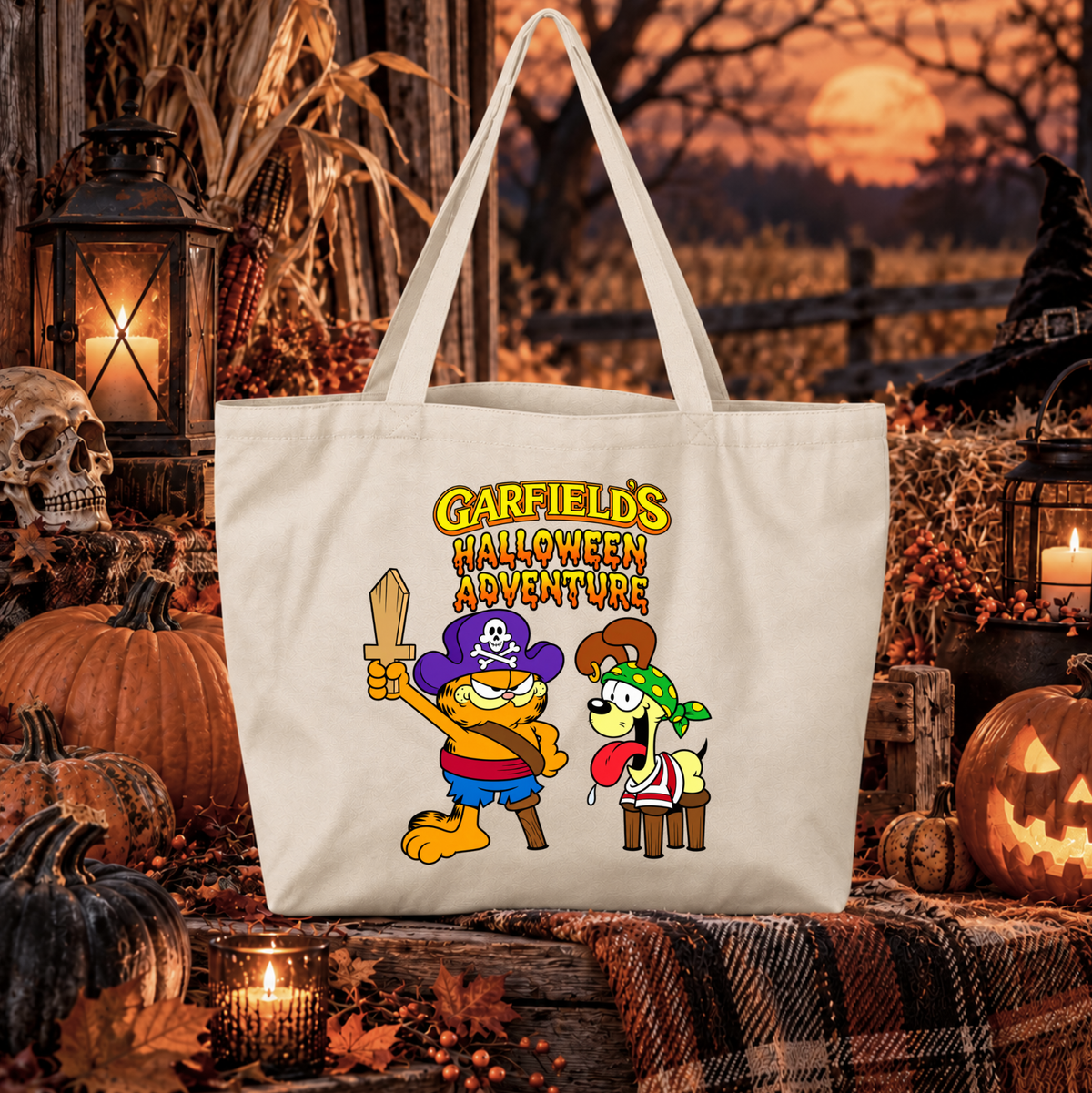 beige canvas tote bag with a graphic of garfield in a halloween pirate costume that says garfields halloween adventure