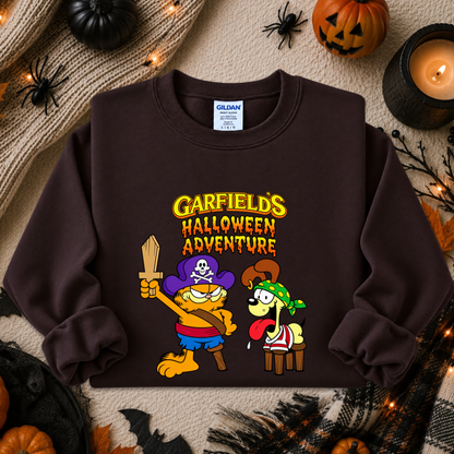 brown sweatshirt with graphic of garfields halloween adventure on it