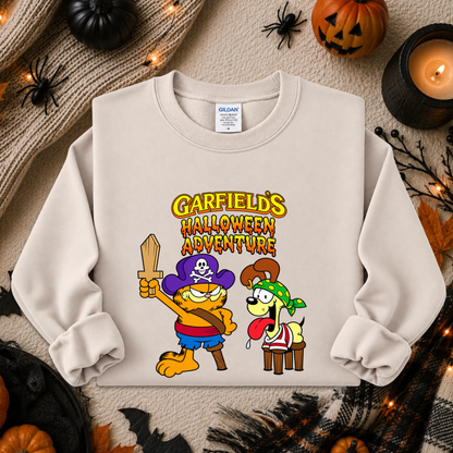 beige sweatshirt with graphic of garfields halloween adventure on it