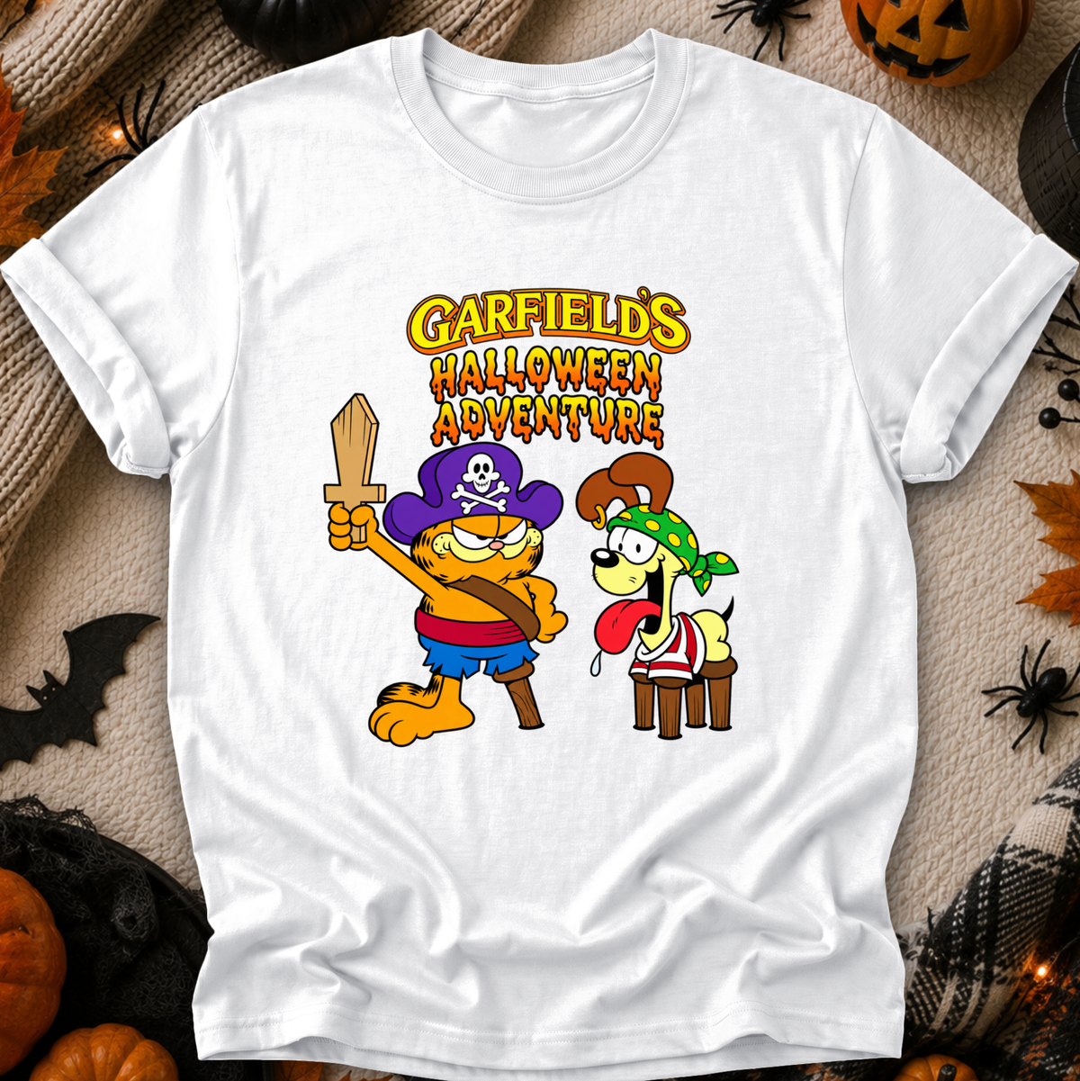 white tshirt with graphic of garfields halloween adventure on it