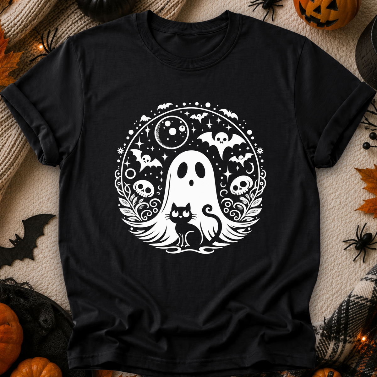 A black short-sleeve T-shirt laid flat on a textured beige fabric background with Halloween decorations around it. The shirt features a large white circular graphic with a ghost, cat, bats, skulls, stars, and moon.