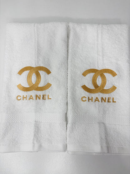 Chanel Style Towels Embroidered Hand Towel Set White Black Gold Bathroom Decor