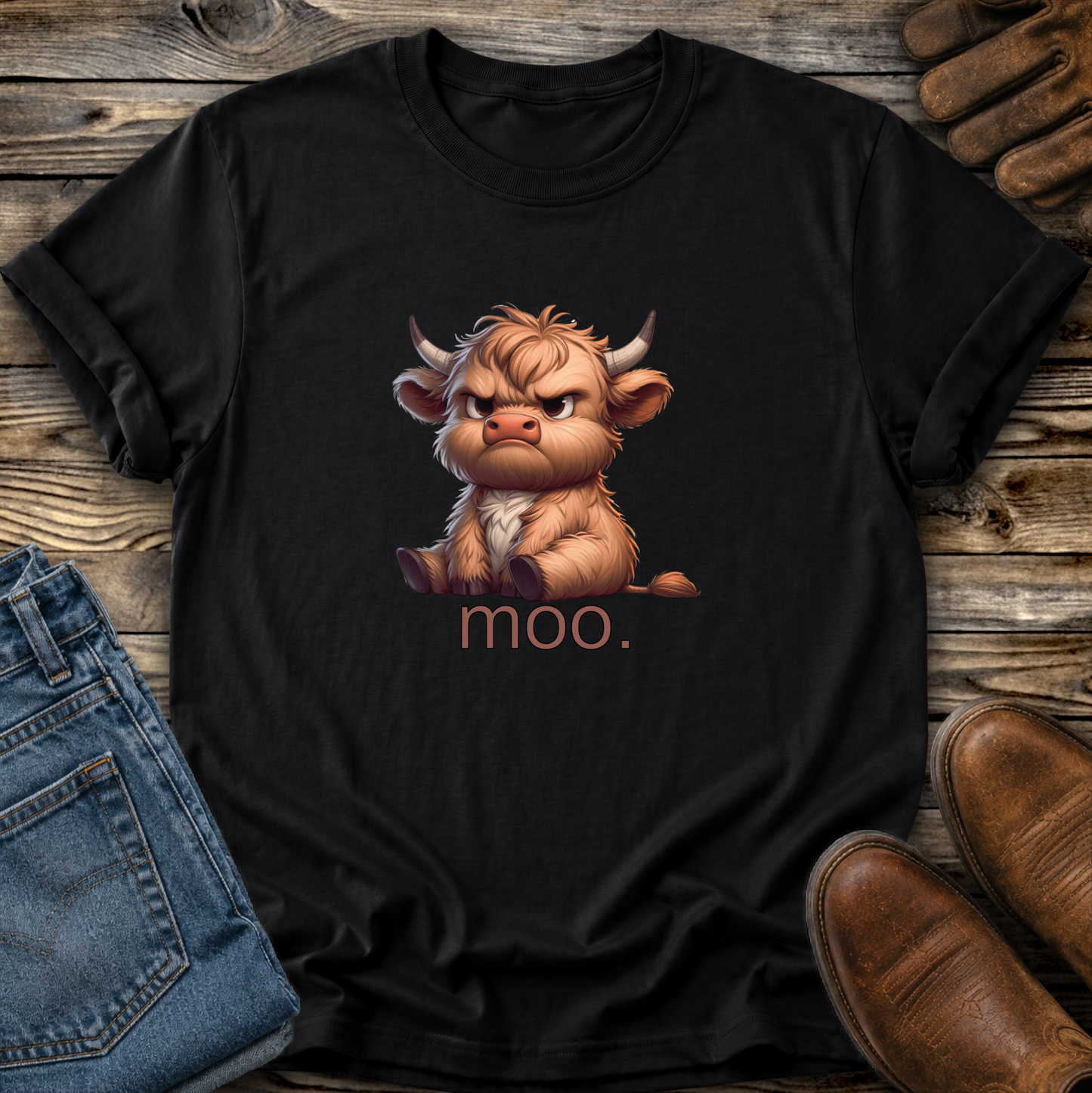 Black t-shirt with a cartoon cow and 'moo.' text on a wooden surface with jeans and boots.