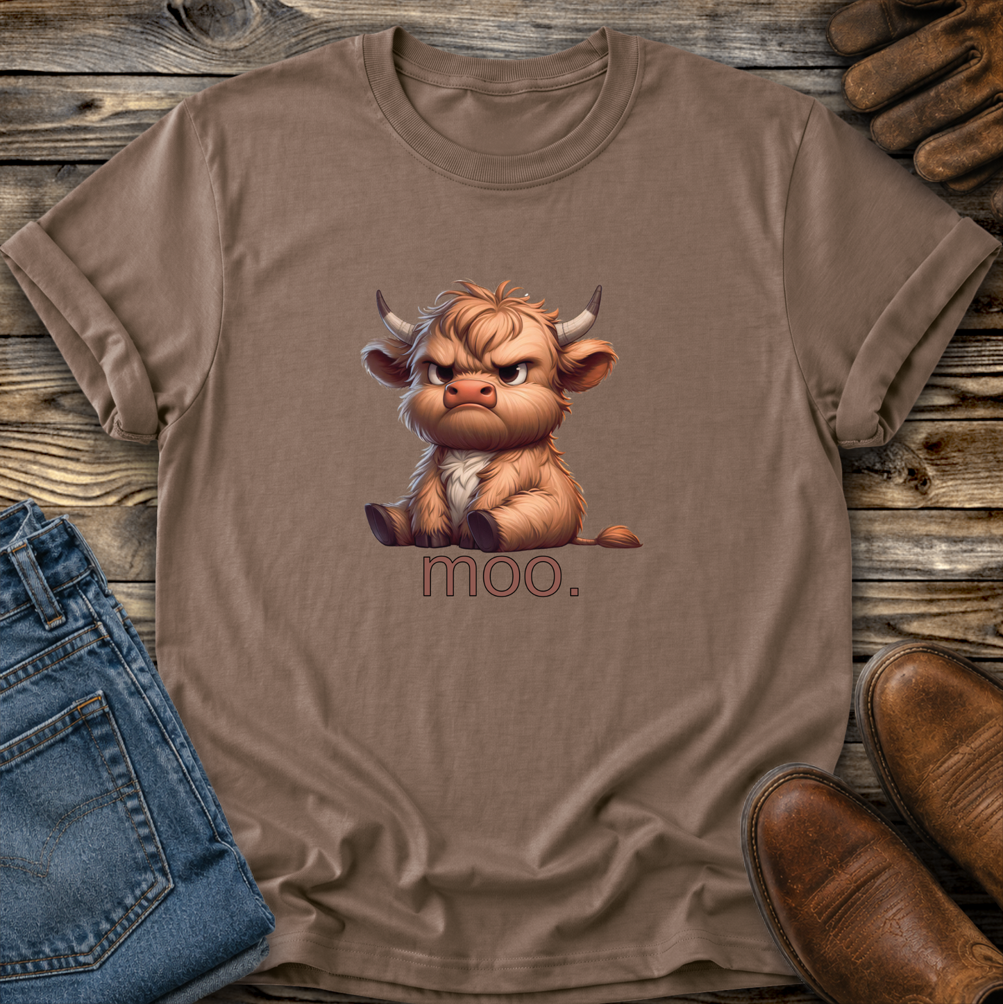 Brown t-shirt with a cartoon bull and 'moo.' text on a wooden surface with jeans and boots.