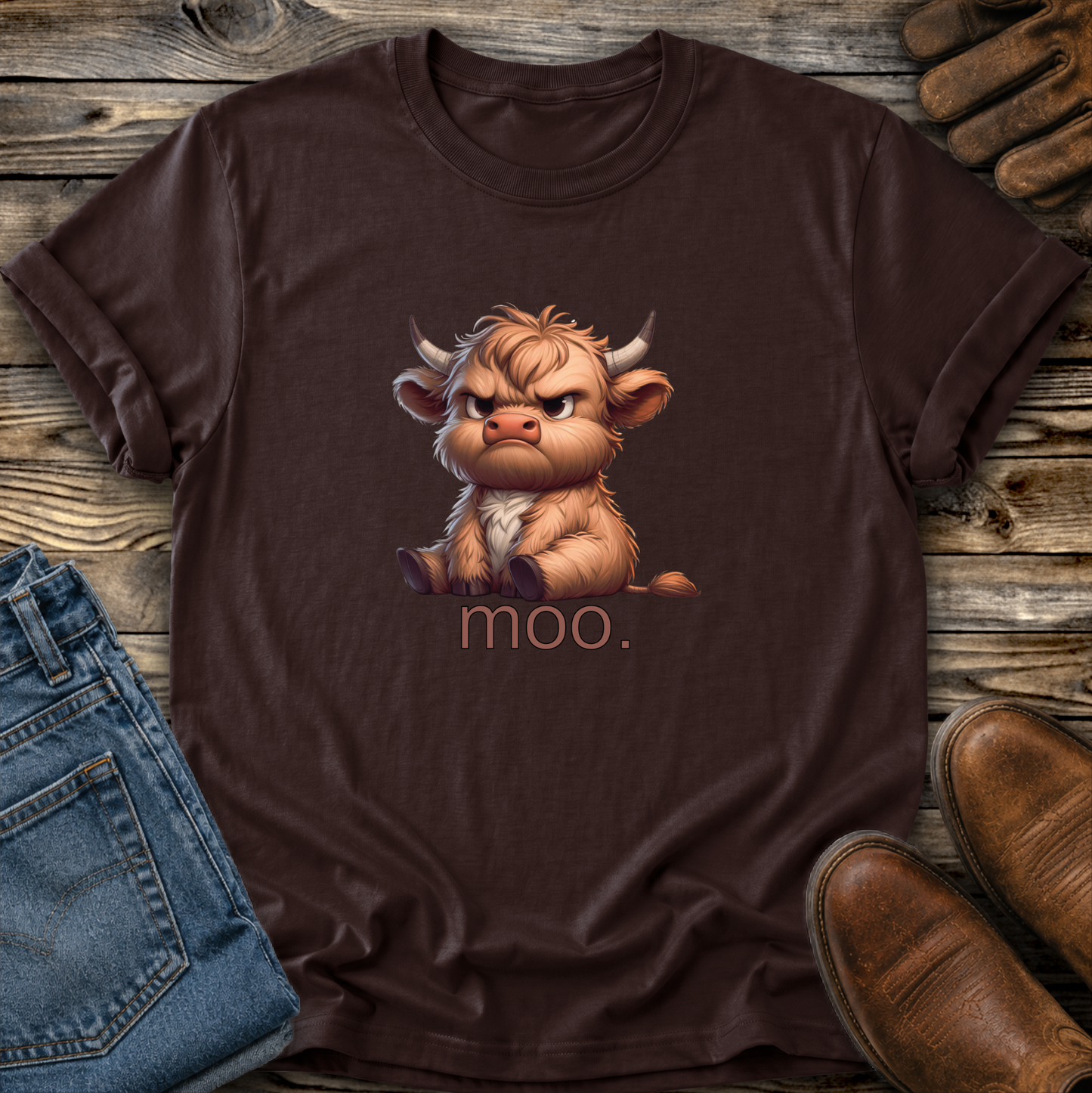Brown t-shirt with a cartoon bull and 'moo.' text on a wooden surface with jeans and boots.