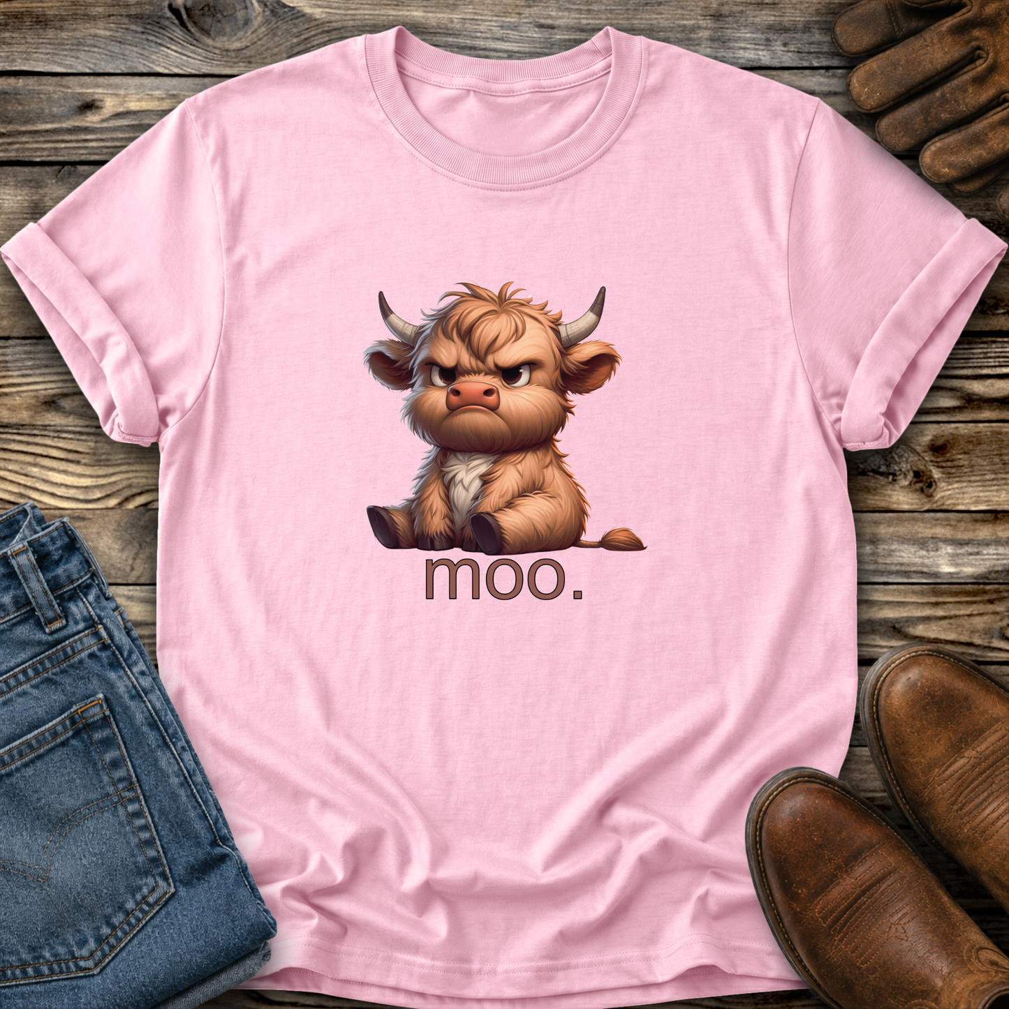 Pink t-shirt with a cartoon bull and 'moo.' text on a wooden surface with jeans and shoes.