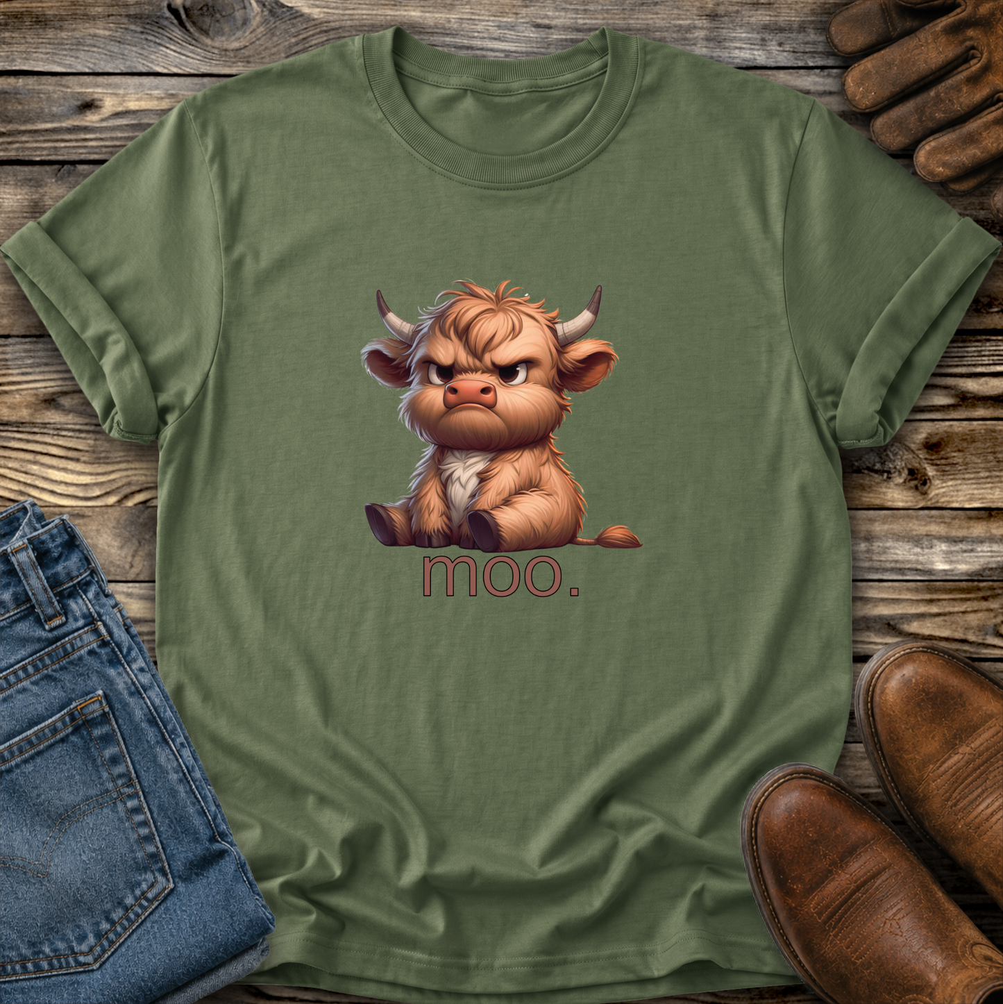 Green t-shirt with a cartoon cow and 'moo.' text on a wooden surface with jeans and boots.
