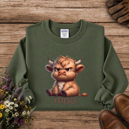 An olive green crewneck sweatshirt featuring a cartoon illustration of an angry Highland cow with the word 'moo.' printed below it.