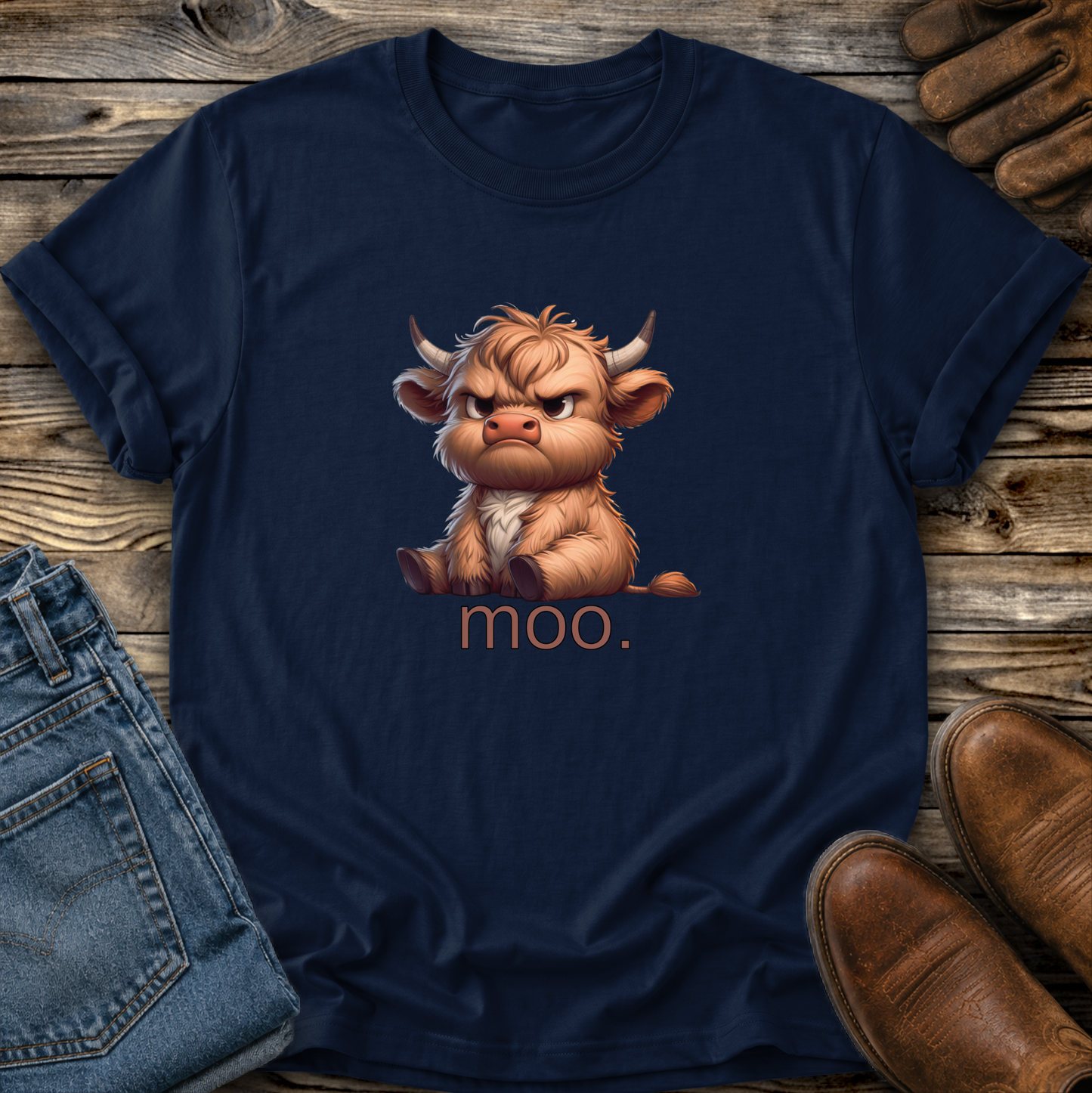 Navy blue t-shirt with a cartoon cow and 'moo.' text on a wooden surface with jeans and boots.