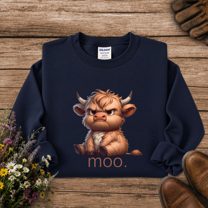 A navy blue crewneck sweatshirt featuring a cartoon illustration of an angry Highland cow and the word 'moo.' printed below it.