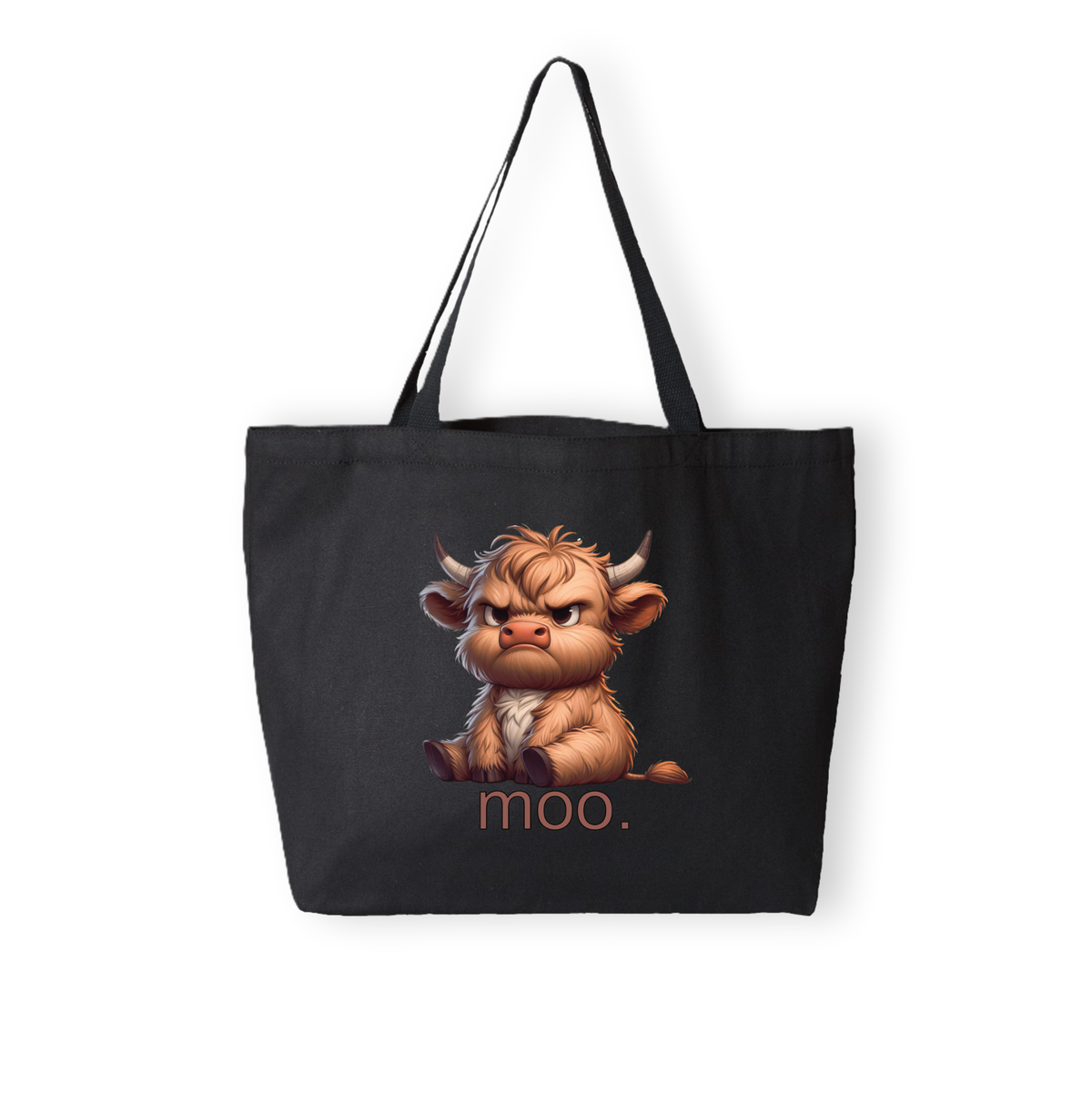 A black canvas tote bag with a cartoon illustration of a grumpy, fluffy brown goat or cow character and the word 'moo.' printed below it, shown on a plain white background.