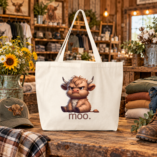 A cream canvas tote bag with a cartoon Highland cow graphic and the text 'moo.' printed below, displayed on a rustic wooden table inside a styled shop setting with a matching cap and folded clothes nearby.