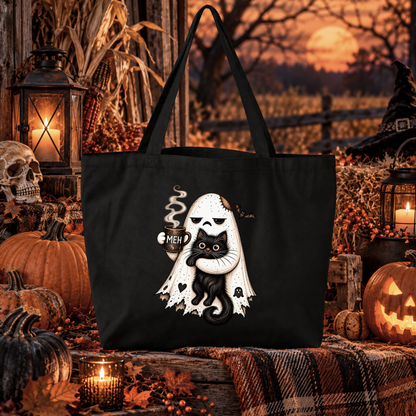 A black canvas tote bag with a Halloween-themed graphic of a ghostly figure in a skull mask hugging a black cat while holding a mug that says 'MEH'. The bag is displayed in a styled autumn outdoor scene with pumpkins, lanterns, and a plaid blanket.