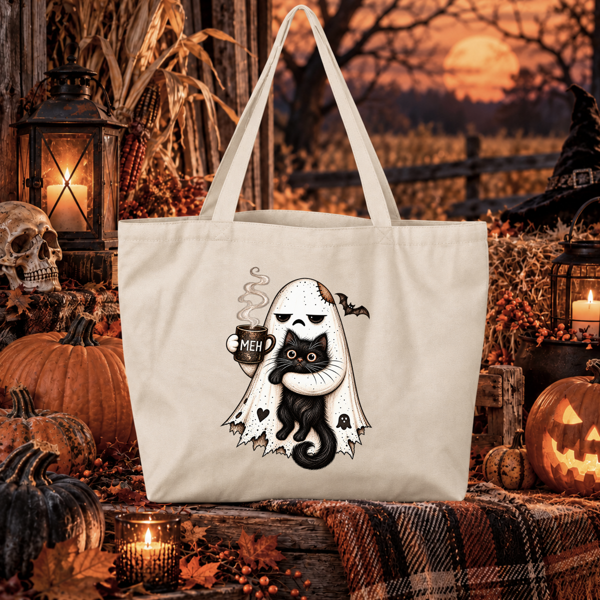 A cream canvas tote bag with a Halloween graphic of a ghost hugging a black cat, displayed in a styled autumn outdoor scene with pumpkins, lanterns, and a plaid blanket.