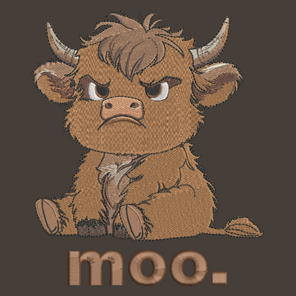 A stylized embroidered cartoon cow with brown fur, cream horns, and the word "moo." below, shown on a dark brown background.