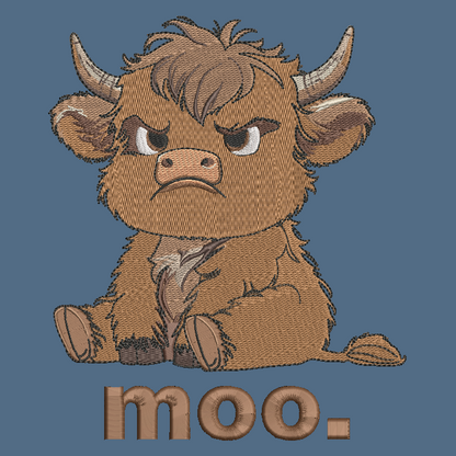 A cartoon-style embroidered highland cow with a sad, grumpy expression, brown textured fur, and the word 'moo.' below it on a muted blue background.