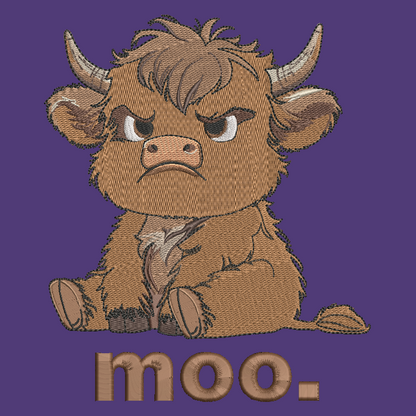 A cartoon-style brown highland cow with horns and the word "moo." below it, shown on a solid purple background.