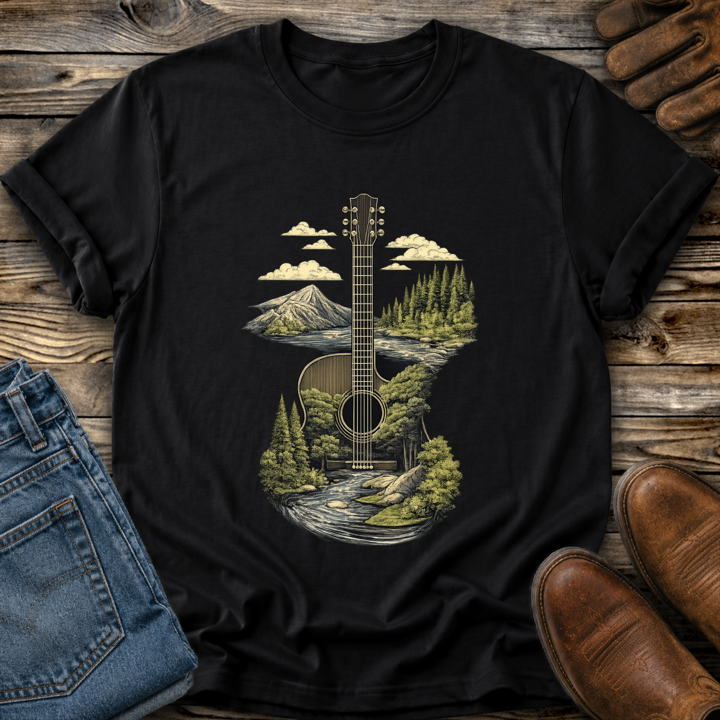 Guitar Graphic Tee T-shirt or Sweatshirt ADULT Unisex Hoodie / Crewneck Nature Mountains Forest Scene