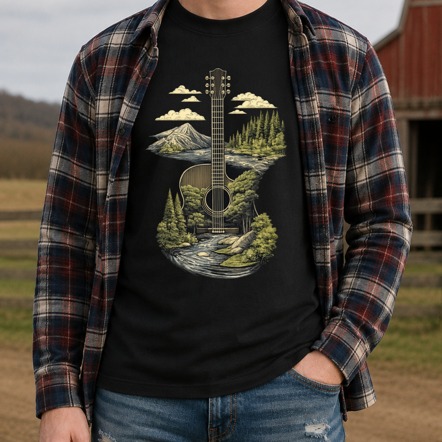 Guitar Graphic Tee T-shirt or Sweatshirt ADULT Unisex Hoodie / Crewneck Nature Mountains Forest Scene