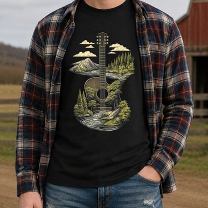 Guitar Graphic Tee T-shirt or Sweatshirt ADULT Unisex Hoodie / Crewneck Nature Mountains Forest Scene