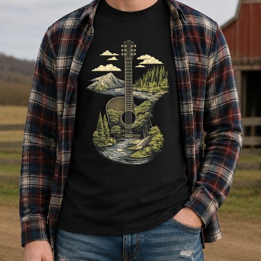 man wearing a black tshirt with a guitar and country mountains and forest scenery graphic design