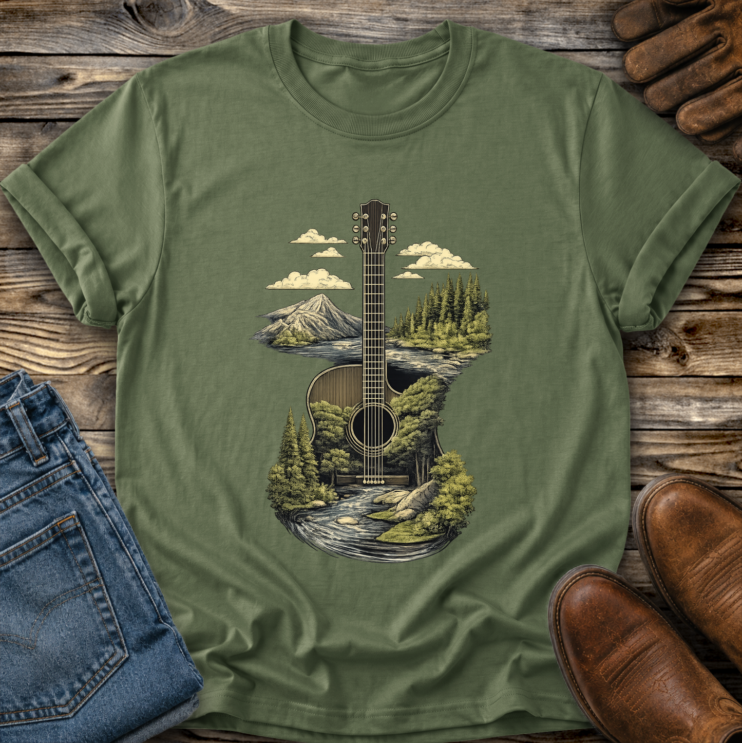 Guitar Graphic Tee T-shirt or Sweatshirt ADULT Unisex Hoodie / Crewneck Nature Mountains Forest Scene