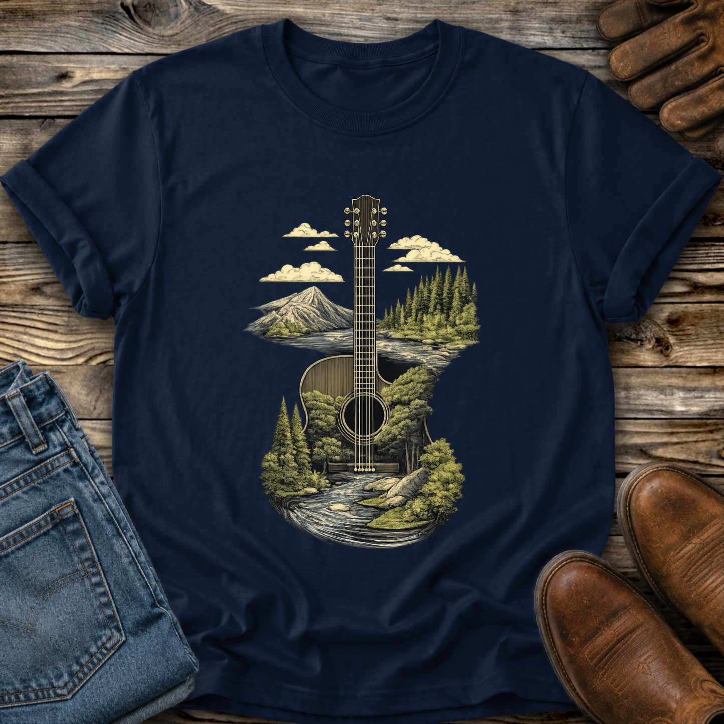 Guitar Graphic Tee T-shirt or Sweatshirt ADULT Unisex Hoodie / Crewneck Nature Mountains Forest Scene