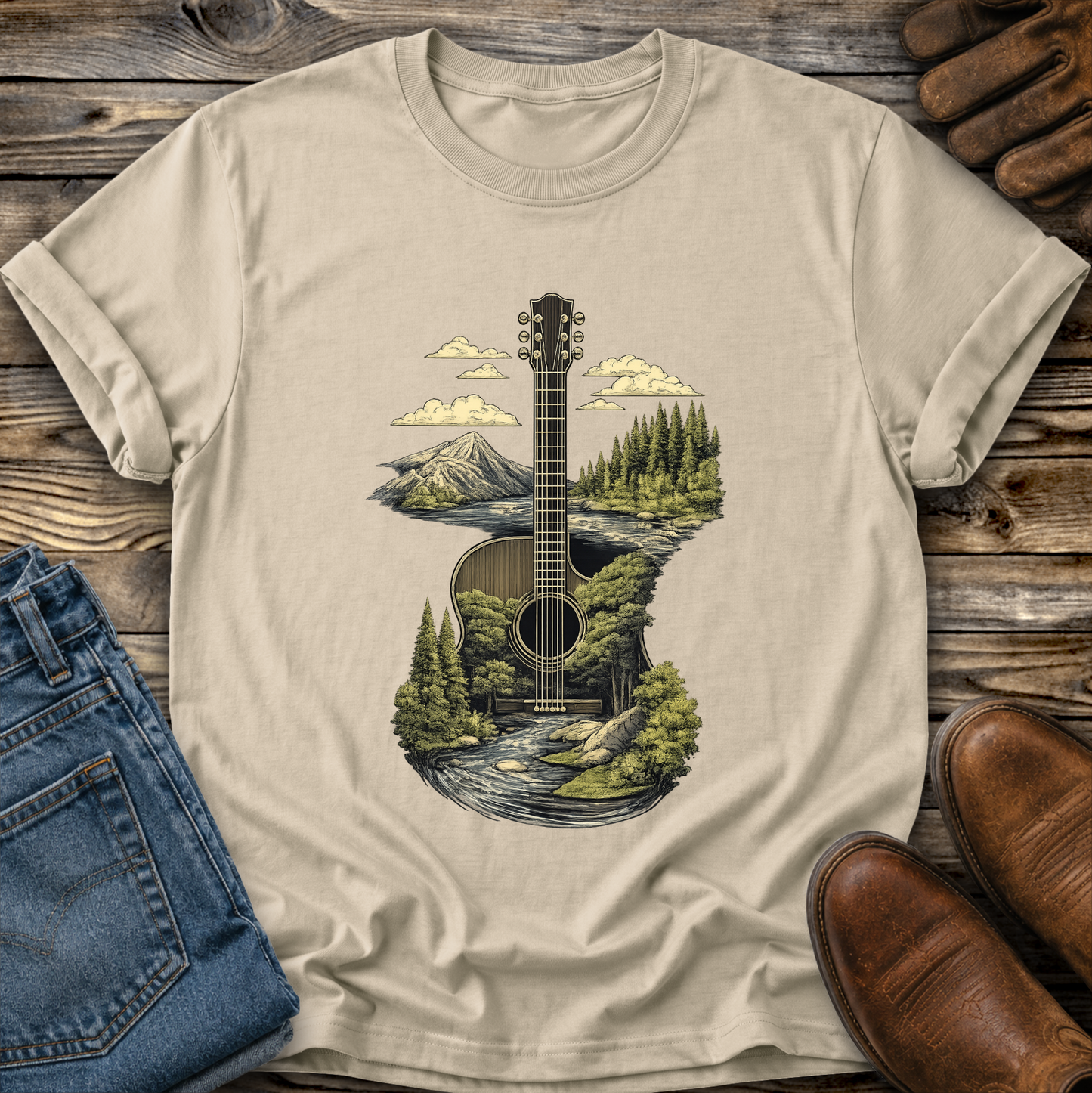 Guitar Graphic Tee T-shirt or Sweatshirt ADULT Unisex Hoodie / Crewneck Nature Mountains Forest Scene