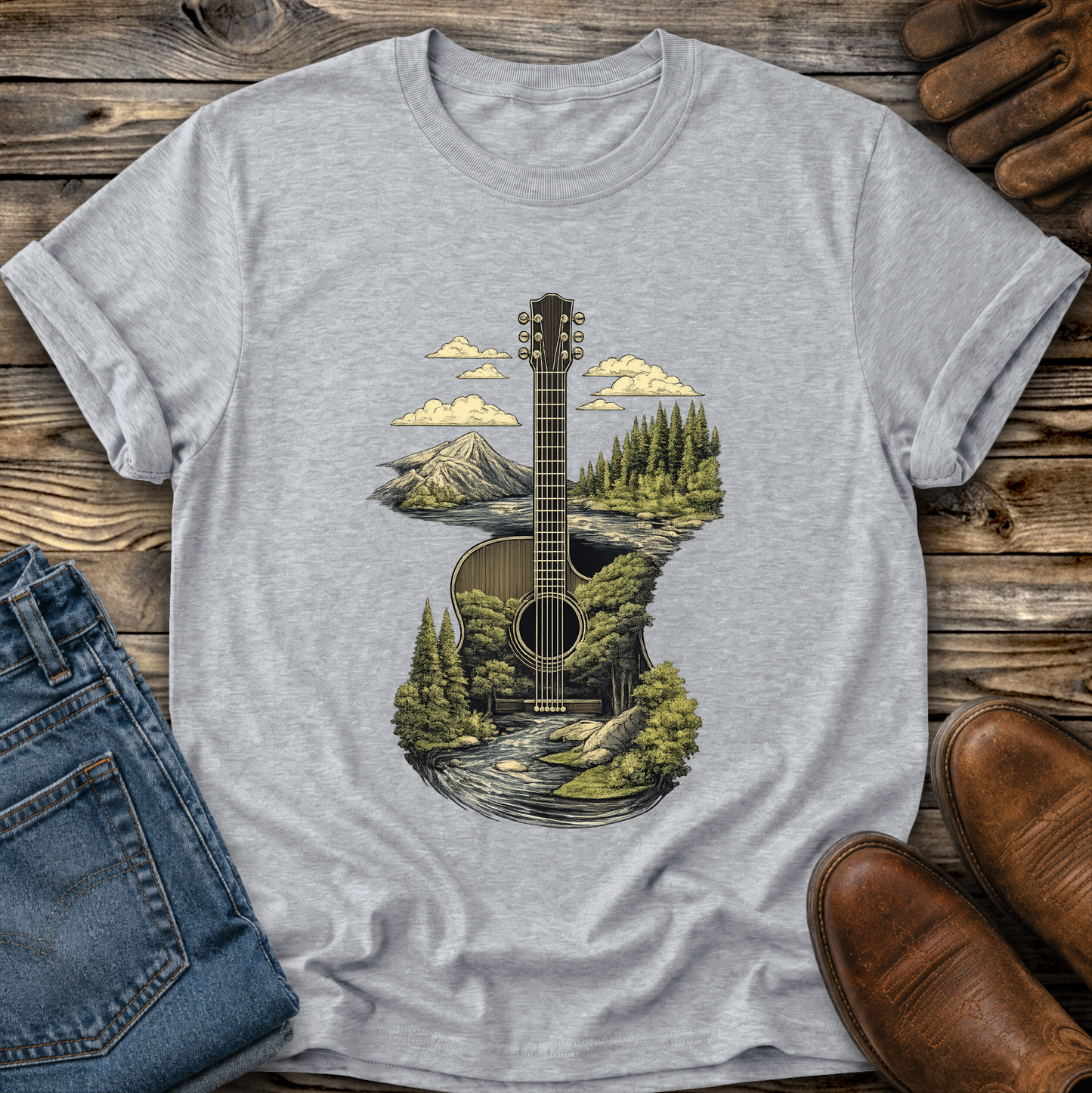 Guitar Graphic Tee T-shirt or Sweatshirt ADULT Unisex Hoodie / Crewneck Nature Mountains Forest Scene