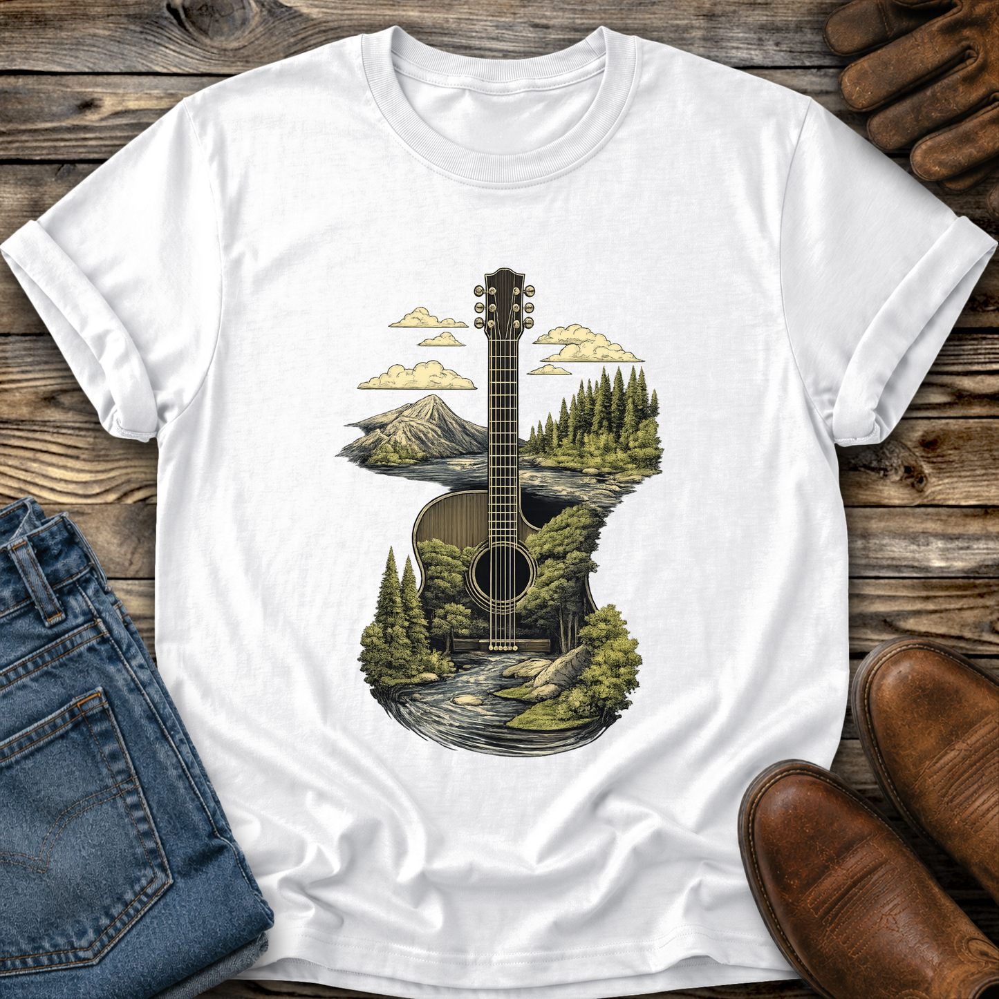 Guitar Graphic Tee T-shirt or Sweatshirt ADULT Unisex Hoodie / Crewneck Nature Mountains Forest Scene