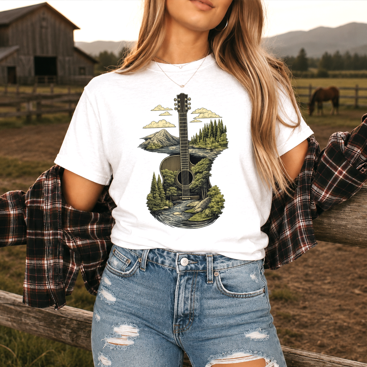 Guitar Graphic Tee T-shirt or Sweatshirt ADULT Unisex Hoodie / Crewneck Nature Mountains Forest Scene