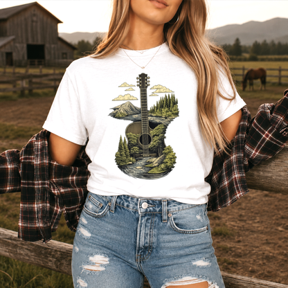 Guitar Graphic Tee T-shirt or Sweatshirt ADULT Unisex Hoodie / Crewneck Nature Mountains Forest Scene